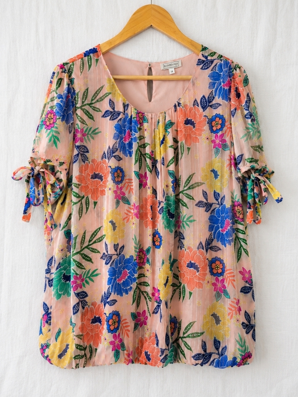 Blousology Floral Tie Front Sleeve Lined Blouse 1X Pink Boho Peasant Vibrant